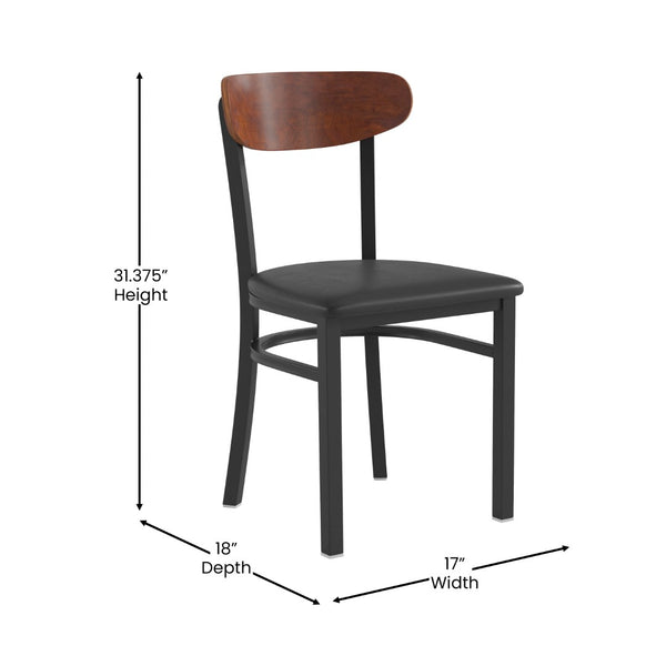 English Elm Wright Commercial Dining Chair - Durable Steel Frame, Comfortable Vinyl Seat, Modern Boomerang Design Walnut Wood Back/Black Vinyl Seat XU-DG6V5BV-WAL-GG