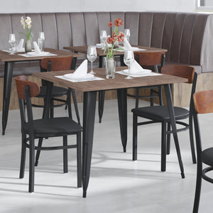 English Elm Wright Commercial Dining Chair - Durable Steel Frame, Comfortable Vinyl Seat, Modern Boomerang Design Walnut Wood Back/Black Vinyl Seat XU-DG6V5BV-WAL-GG