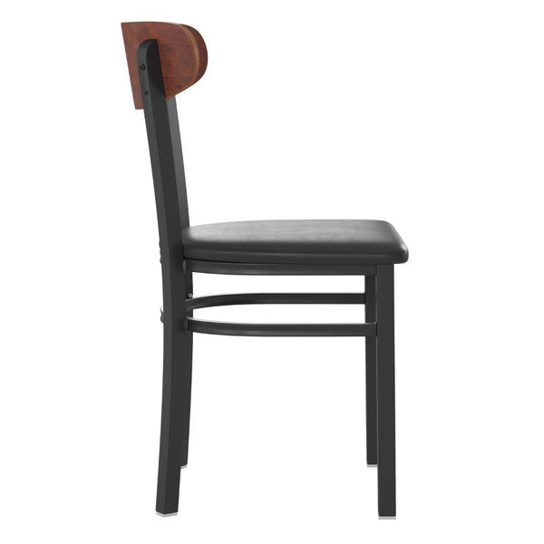 English Elm Wright Commercial Dining Chair - Durable Steel Frame, Comfortable Vinyl Seat, Modern Boomerang Design Walnut Wood Back/Black Vinyl Seat XU-DG6V5BV-WAL-GG