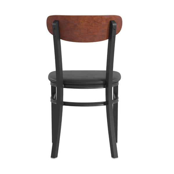 English Elm Wright Commercial Dining Chair - Durable Steel Frame, Comfortable Vinyl Seat, Modern Boomerang Design Walnut Wood Back/Black Vinyl Seat XU-DG6V5BV-WAL-GG
