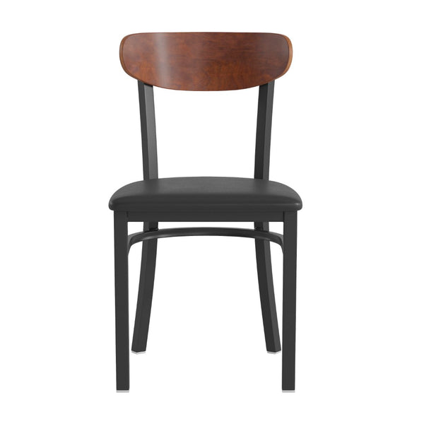 English Elm Wright Commercial Dining Chair - Durable Steel Frame, Comfortable Vinyl Seat, Modern Boomerang Design Walnut Wood Back/Black Vinyl Seat XU-DG6V5BV-WAL-GG