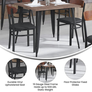 English Elm Wright Commercial Dining Chair - Durable Steel Frame, Comfortable Vinyl Seat, Modern Boomerang Design Walnut Wood Back/Black Vinyl Seat XU-DG6V5BV-WAL-GG