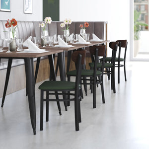 English Elm Wright Commercial Dining Chair - Durable Steel Frame, Comfortable Vinyl Seat, Modern Boomerang Design Walnut Wood Back/Green Vinyl Seat XU-DG6V5GNV-WAL-GG