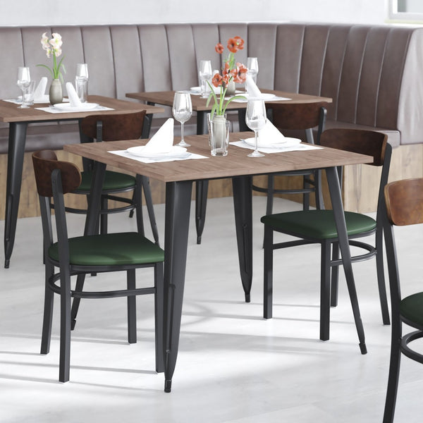 English Elm Wright Commercial Dining Chair - Durable Steel Frame, Comfortable Vinyl Seat, Modern Boomerang Design Walnut Wood Back/Green Vinyl Seat XU-DG6V5GNV-WAL-GG