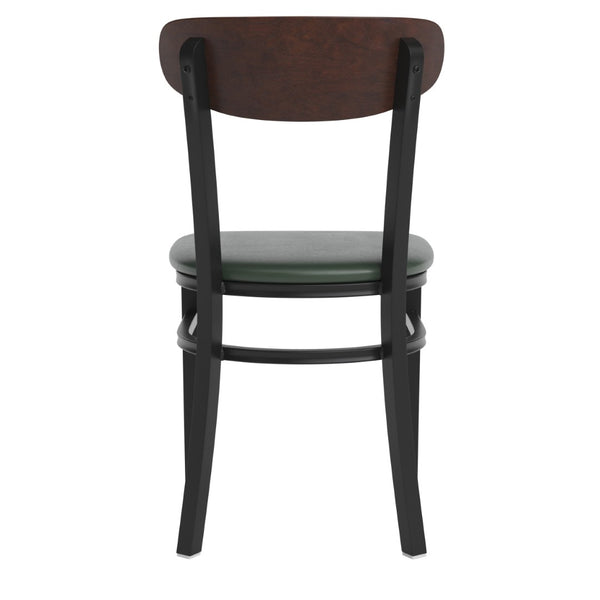 English Elm Wright Commercial Dining Chair - Durable Steel Frame, Comfortable Vinyl Seat, Modern Boomerang Design Walnut Wood Back/Green Vinyl Seat XU-DG6V5GNV-WAL-GG