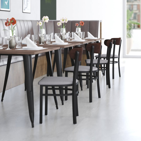 English Elm Wright Commercial Dining Chair - Durable Steel Frame, Comfortable Vinyl Seat, Modern Boomerang Design Walnut Wood Back/Gray Vinyl Seat XU-DG6V5GYV-WAL-GG