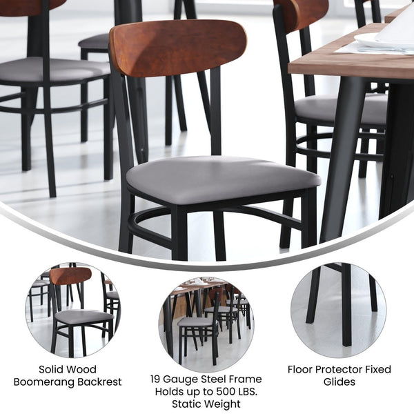 English Elm Wright Commercial Dining Chair - Durable Steel Frame, Comfortable Vinyl Seat, Modern Boomerang Design Walnut Wood Back/Gray Vinyl Seat XU-DG6V5GYV-WAL-GG