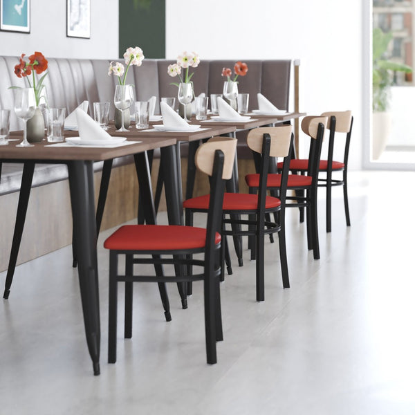 English Elm Wright Commercial Dining Chair - Durable Steel Frame, Comfortable Vinyl Seat, Modern Boomerang Design Natural Birch Wood Back/Red Vinyl Seat XU-DG6V5RDV-NAT-GG