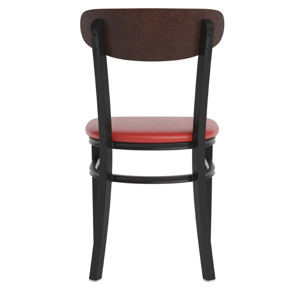 English Elm Wright Commercial Dining Chair - Durable Steel Frame, Comfortable Vinyl Seat, Modern Boomerang Design Walnut Wood Back/Red Vinyl Seat XU-DG6V5RDV-WAL-GG