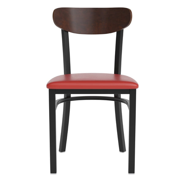 English Elm Wright Commercial Dining Chair - Durable Steel Frame, Comfortable Vinyl Seat, Modern Boomerang Design Walnut Wood Back/Red Vinyl Seat XU-DG6V5RDV-WAL-GG