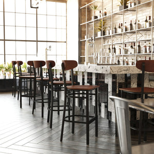 English Elm Wright Commercial Barstool - Heavy-Duty Steel Frame, Comfortable Vinyl Seat, Ideal for Bars & Cafes Walnut XU-DG6V6B-WAL-GG