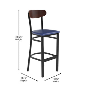 English Elm Wright Commercial Barstool - Heavy-Duty Steel Frame, Comfortable Vinyl Seat, Ideal for Bars & Cafes Walnut Wood Back/Blue Vinyl Seat XU-DG6V6BLV-WAL-GG