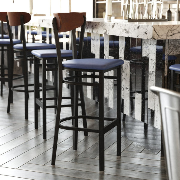 English Elm Wright Commercial Barstool - Heavy-Duty Steel Frame, Comfortable Vinyl Seat, Ideal for Bars & Cafes Walnut Wood Back/Blue Vinyl Seat XU-DG6V6BLV-WAL-GG