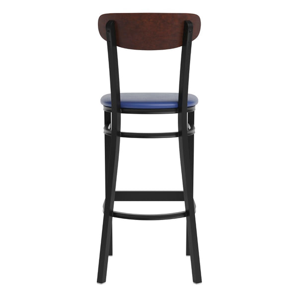 English Elm Wright Commercial Barstool - Heavy-Duty Steel Frame, Comfortable Vinyl Seat, Ideal for Bars & Cafes Walnut Wood Back/Blue Vinyl Seat XU-DG6V6BLV-WAL-GG