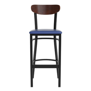 English Elm Wright Commercial Barstool - Heavy-Duty Steel Frame, Comfortable Vinyl Seat, Ideal for Bars & Cafes Walnut Wood Back/Blue Vinyl Seat XU-DG6V6BLV-WAL-GG