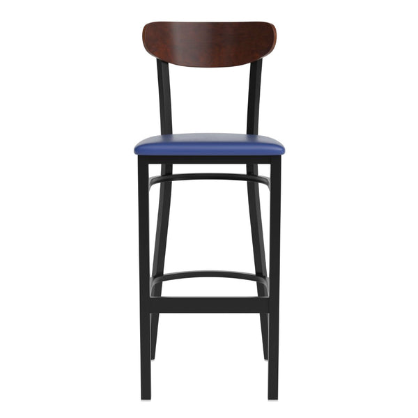 English Elm Wright Commercial Barstool - Heavy-Duty Steel Frame, Comfortable Vinyl Seat, Ideal for Bars & Cafes Walnut Wood Back/Blue Vinyl Seat XU-DG6V6BLV-WAL-GG