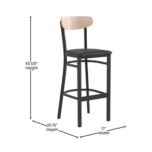 English Elm Wright Commercial Barstool - Heavy-Duty Steel Frame, Comfortable Vinyl Seat, Ideal for Bars & Cafes Natural Birch Wood Back/Black Vinyl Seat XU-DG6V6BV-NAT-GG