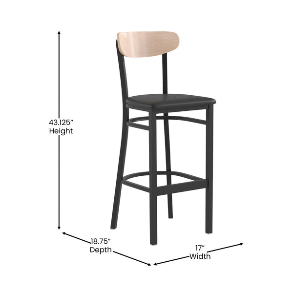 English Elm Wright Commercial Barstool - Heavy-Duty Steel Frame, Comfortable Vinyl Seat, Ideal for Bars & Cafes Natural Birch Wood Back/Black Vinyl Seat XU-DG6V6BV-NAT-GG