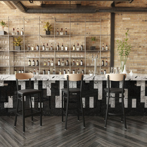 English Elm Wright Commercial Barstool - Heavy-Duty Steel Frame, Comfortable Vinyl Seat, Ideal for Bars & Cafes Natural Birch Wood Back/Black Vinyl Seat XU-DG6V6BV-NAT-GG