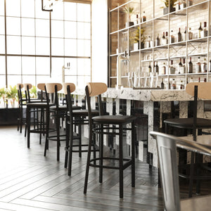 English Elm Wright Commercial Barstool - Heavy-Duty Steel Frame, Comfortable Vinyl Seat, Ideal for Bars & Cafes Natural Birch Wood Back/Black Vinyl Seat XU-DG6V6BV-NAT-GG