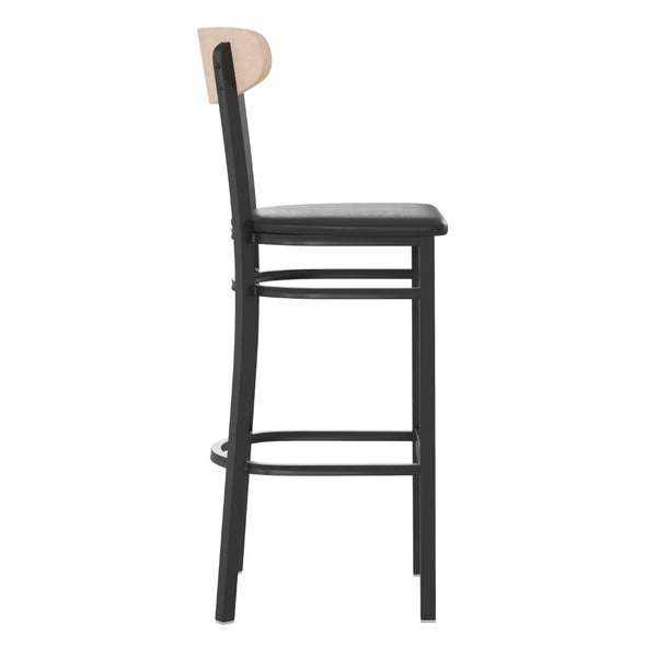 English Elm Wright Commercial Barstool - Heavy-Duty Steel Frame, Comfortable Vinyl Seat, Ideal for Bars & Cafes Natural Birch Wood Back/Black Vinyl Seat XU-DG6V6BV-NAT-GG