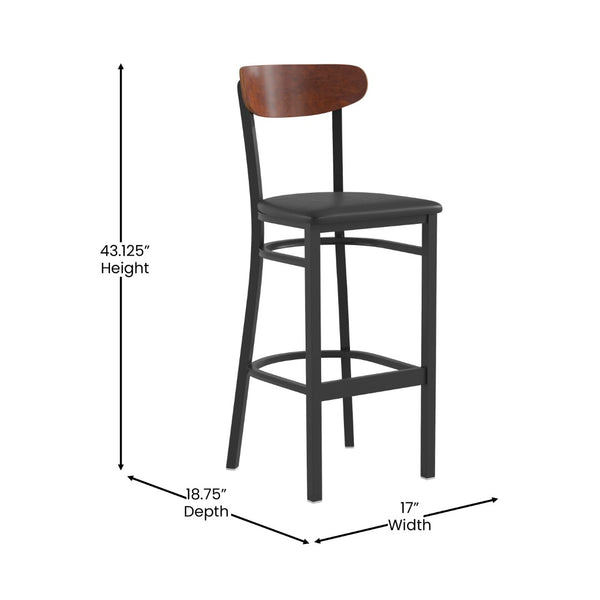 English Elm Wright Commercial Barstool - Heavy-Duty Steel Frame, Comfortable Vinyl Seat, Ideal for Bars & Cafes Walnut Wood Back/Black Vinyl Seat XU-DG6V6BV-WAL-GG