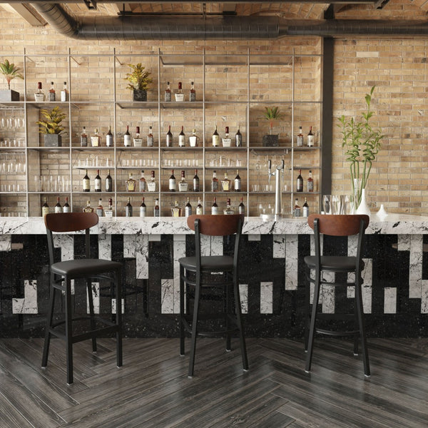 English Elm Wright Commercial Barstool - Heavy-Duty Steel Frame, Comfortable Vinyl Seat, Ideal for Bars & Cafes Walnut Wood Back/Black Vinyl Seat XU-DG6V6BV-WAL-GG