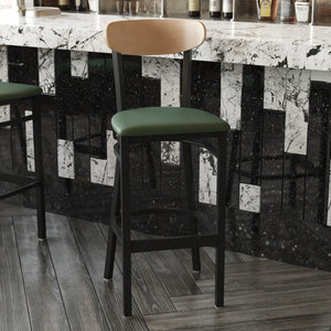 English Elm Wright Commercial Barstool - Heavy-Duty Steel Frame, Comfortable Vinyl Seat, Ideal for Bars & Cafes Natural Birch Wood Back/Green Vinyl Seat XU-DG6V6GNV-NAT-GG