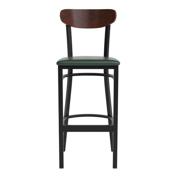 English Elm Wright Commercial Barstool - Heavy-Duty Steel Frame, Comfortable Vinyl Seat, Ideal for Bars & Cafes Walnut Wood Back/Green Vinyl Seat XU-DG6V6GNV-WAL-GG