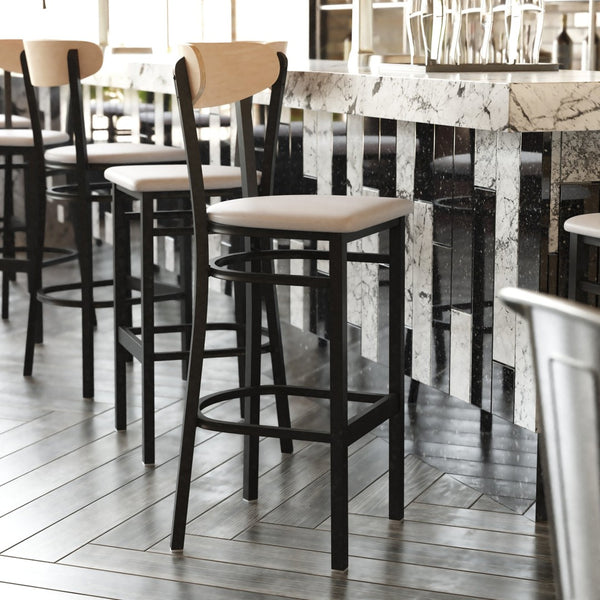 English Elm Wright Commercial Barstool - Heavy-Duty Steel Frame, Comfortable Vinyl Seat, Ideal for Bars & Cafes Natural Birch Wood Back/Gray Vinyl Seat XU-DG6V6GYV-NAT-GG