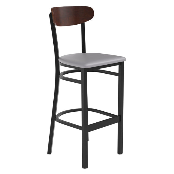 English Elm Wright Commercial Barstool - Heavy-Duty Steel Frame, Comfortable Vinyl Seat, Ideal for Bars & Cafes Walnut Wood Back/Gray Vinyl Seat XU-DG6V6GYV-WAL-GG