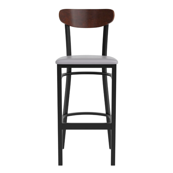 English Elm Wright Commercial Barstool - Heavy-Duty Steel Frame, Comfortable Vinyl Seat, Ideal for Bars & Cafes Walnut Wood Back/Gray Vinyl Seat XU-DG6V6GYV-WAL-GG