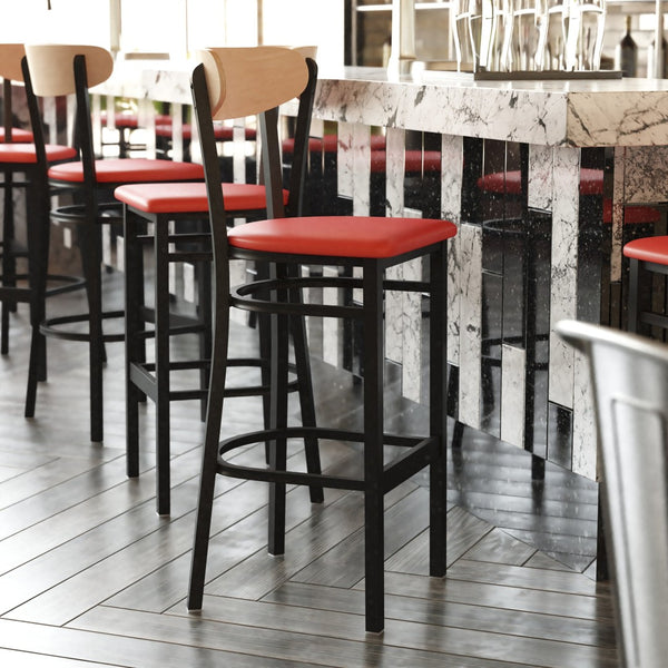 English Elm Wright Commercial Barstool - Heavy-Duty Steel Frame, Comfortable Vinyl Seat, Ideal for Bars & Cafes Natural Birch Wood Back/Red Vinyl Seat XU-DG6V6RDV-NAT-GG