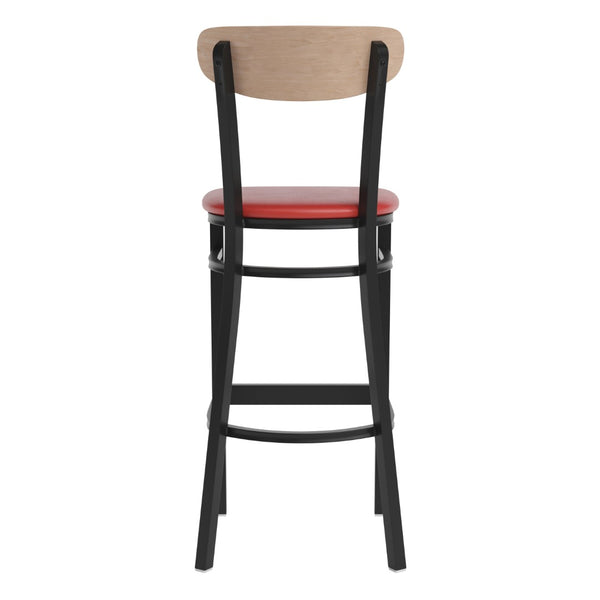 English Elm Wright Commercial Barstool - Heavy-Duty Steel Frame, Comfortable Vinyl Seat, Ideal for Bars & Cafes Natural Birch Wood Back/Red Vinyl Seat XU-DG6V6RDV-NAT-GG