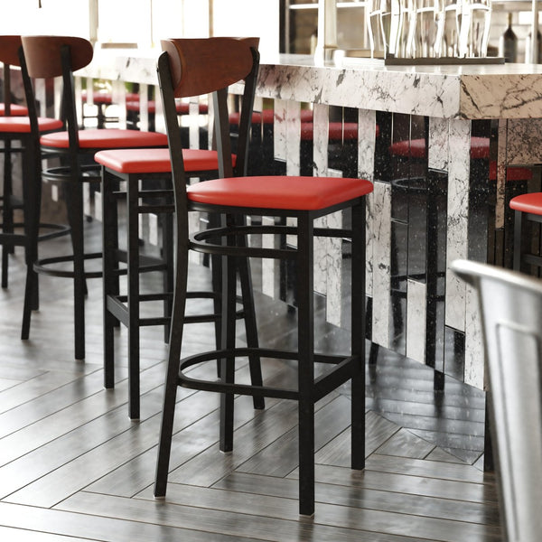 English Elm Wright Commercial Barstool - Heavy-Duty Steel Frame, Comfortable Vinyl Seat, Ideal for Bars & Cafes Walnut Wood Back/Red Vinyl Seat XU-DG6V6RDV-WAL-GG