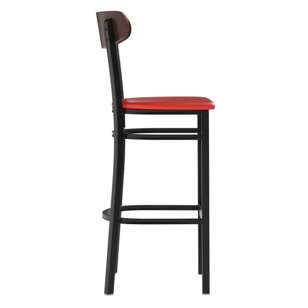 English Elm Wright Commercial Barstool - Heavy-Duty Steel Frame, Comfortable Vinyl Seat, Ideal for Bars & Cafes Walnut Wood Back/Red Vinyl Seat XU-DG6V6RDV-WAL-GG