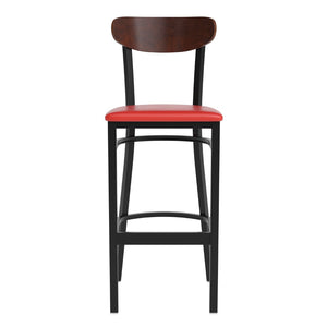 English Elm Wright Commercial Barstool - Heavy-Duty Steel Frame, Comfortable Vinyl Seat, Ideal for Bars & Cafes Walnut Wood Back/Red Vinyl Seat XU-DG6V6RDV-WAL-GG