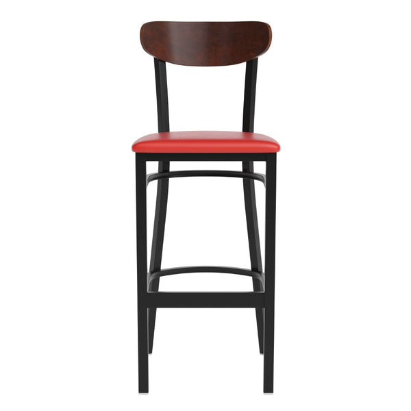 English Elm Wright Commercial Barstool - Heavy-Duty Steel Frame, Comfortable Vinyl Seat, Ideal for Bars & Cafes Walnut Wood Back/Red Vinyl Seat XU-DG6V6RDV-WAL-GG