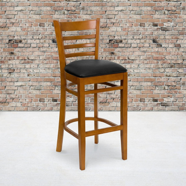 English Elm HERCULES Series Ladder Back Barstool - Elegant Cherry Wood Design with Comfortable Padded Seat Black Vinyl Seat/Cherry Wood Frame XU-DGW0005BARLAD-CHY-BLKV-GG