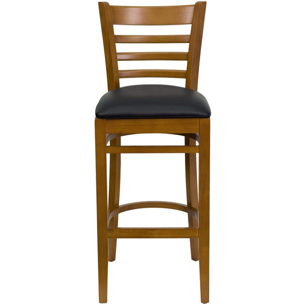 English Elm HERCULES Series Ladder Back Barstool - Elegant Cherry Wood Design with Comfortable Padded Seat Black Vinyl Seat/Cherry Wood Frame XU-DGW0005BARLAD-CHY-BLKV-GG