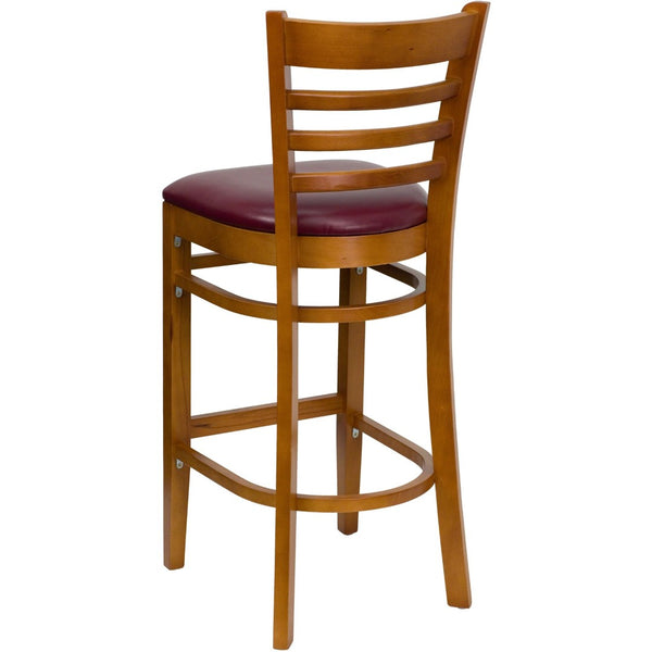 English Elm HERCULES Series Ladder Back Barstool - Elegant Cherry Wood Design with Comfortable Padded Seat Burgundy Vinyl Seat/Cherry Wood Frame XU-DGW0005BARLAD-CHY-BURV-GG