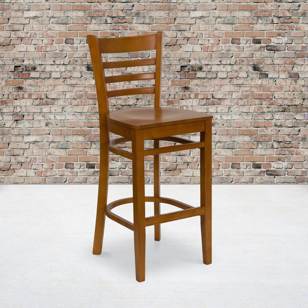 English Elm HERCULES Series Ladder Back Barstool - Elegant Cherry Wood Design with Comfortable Padded Seat Cherry Wood Seat/Cherry Wood Frame XU-DGW0005BARLAD-CHY-GG