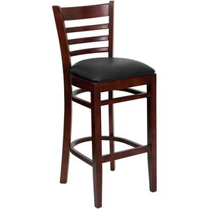 English Elm HERCULES Series Ladder Back Barstool - Elegant Cherry Wood Design with Comfortable Padded Seat Black Vinyl Seat/Mahogany Wood Frame XU-DGW0005BARLAD-MAH-BLKV-GG