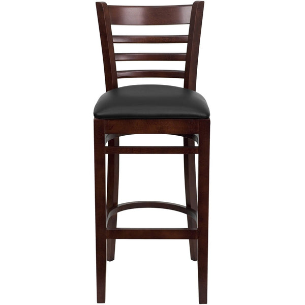 English Elm HERCULES Series Ladder Back Barstool - Elegant Cherry Wood Design with Comfortable Padded Seat Black Vinyl Seat/Mahogany Wood Frame XU-DGW0005BARLAD-MAH-BLKV-GG