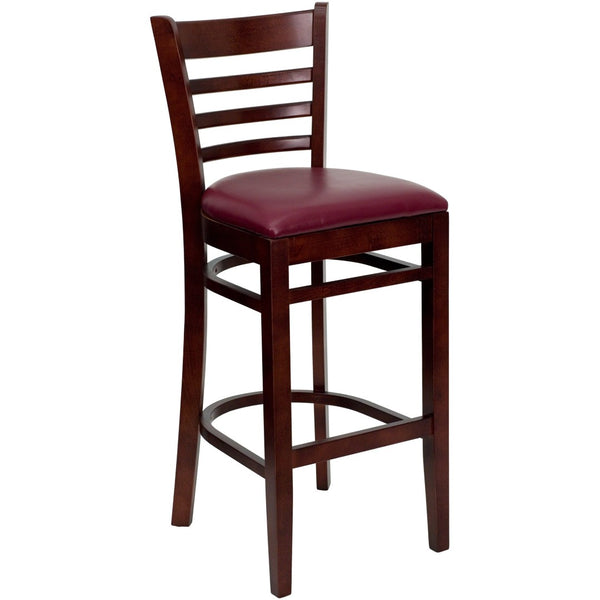 English Elm HERCULES Series Ladder Back Barstool - Elegant Cherry Wood Design with Comfortable Padded Seat Burgundy Vinyl Seat/Mahogany Wood Frame XU-DGW0005BARLAD-MAH-BURV-GG