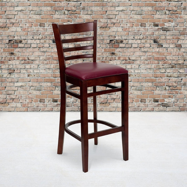 English Elm HERCULES Series Ladder Back Barstool - Elegant Cherry Wood Design with Comfortable Padded Seat Burgundy Vinyl Seat/Mahogany Wood Frame XU-DGW0005BARLAD-MAH-BURV-GG