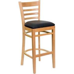 English Elm HERCULES Series Ladder Back Barstool - Elegant Cherry Wood Design with Comfortable Padded Seat Black Vinyl Seat/Natural Wood Frame XU-DGW0005BARLAD-NAT-BLKV-GG