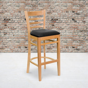 English Elm HERCULES Series Ladder Back Barstool - Elegant Cherry Wood Design with Comfortable Padded Seat Black Vinyl Seat/Natural Wood Frame XU-DGW0005BARLAD-NAT-BLKV-GG