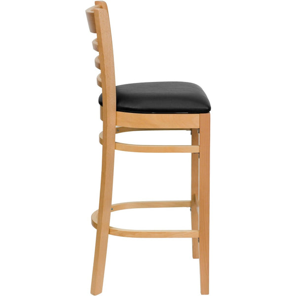 English Elm HERCULES Series Ladder Back Barstool - Elegant Cherry Wood Design with Comfortable Padded Seat Black Vinyl Seat/Natural Wood Frame XU-DGW0005BARLAD-NAT-BLKV-GG