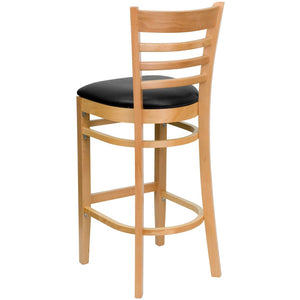 English Elm HERCULES Series Ladder Back Barstool - Elegant Cherry Wood Design with Comfortable Padded Seat Black Vinyl Seat/Natural Wood Frame XU-DGW0005BARLAD-NAT-BLKV-GG